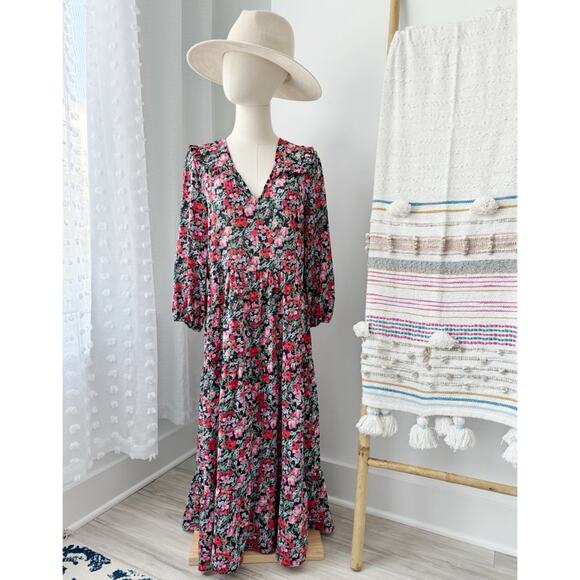 Zara Dresses & Skirts - Zara Red Pink Black Green Floral Long Balloon Sleeves Midi Dress Women’s Small